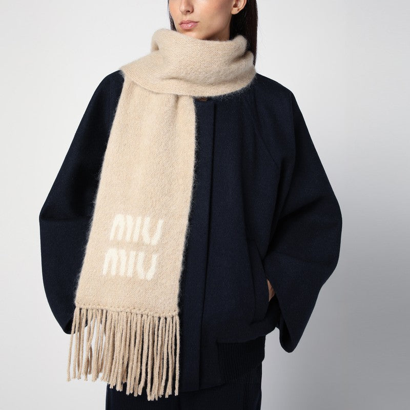 MIU MIU Beige virgin wool logo scarf 5FS0622CQDP_MIU-F0018