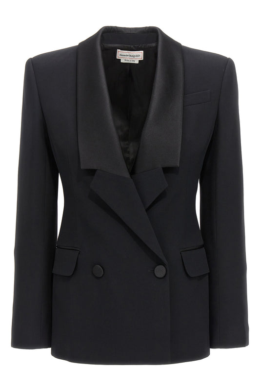 Alexander McQUEEN DOUBLE-BREASTED BLAZER WITH SATIN DETAILS 768597QEAAA1000