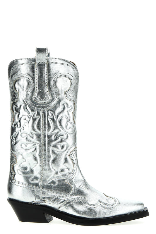 GANNI 'SILVER MID SHAFT EMBROIDERED WESTERN' BOOTS S2427018