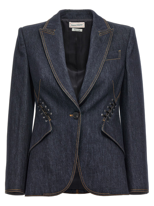 Alexander McQUEEN LACE UP SINGLE-BREASTED DENIM BLAZER 790273QMACO4286