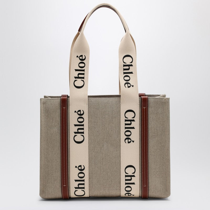 Chloé Woody medium bag in beige canvas CHC22AS383I26P_CHLOE-90U