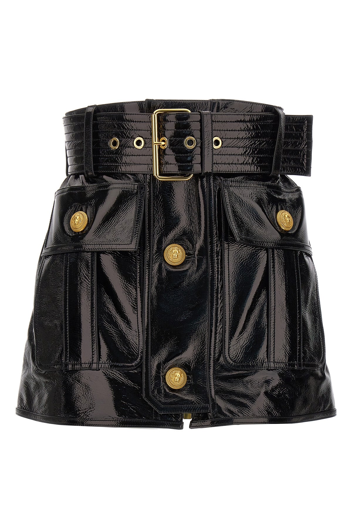 Balmain BELT-UP SHINY LEATHER SKIRT BF1LB910LB400PA